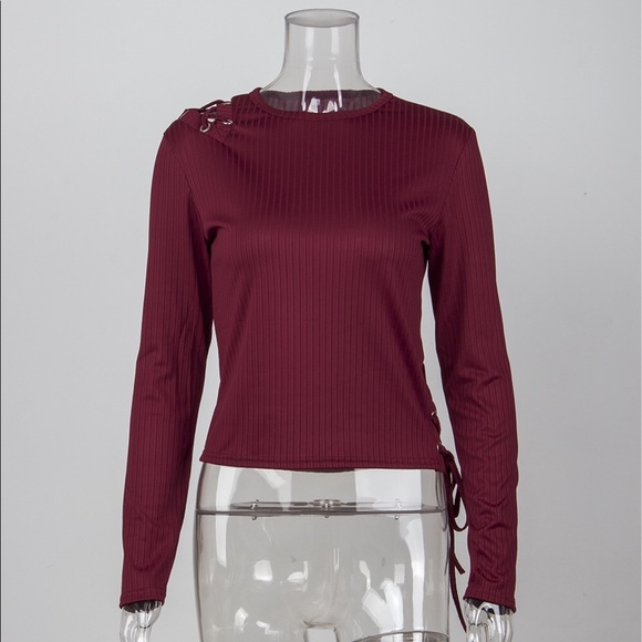 😘😘Sexy Wine Long Sleeve Lace Up Top - Picture 2 of 5